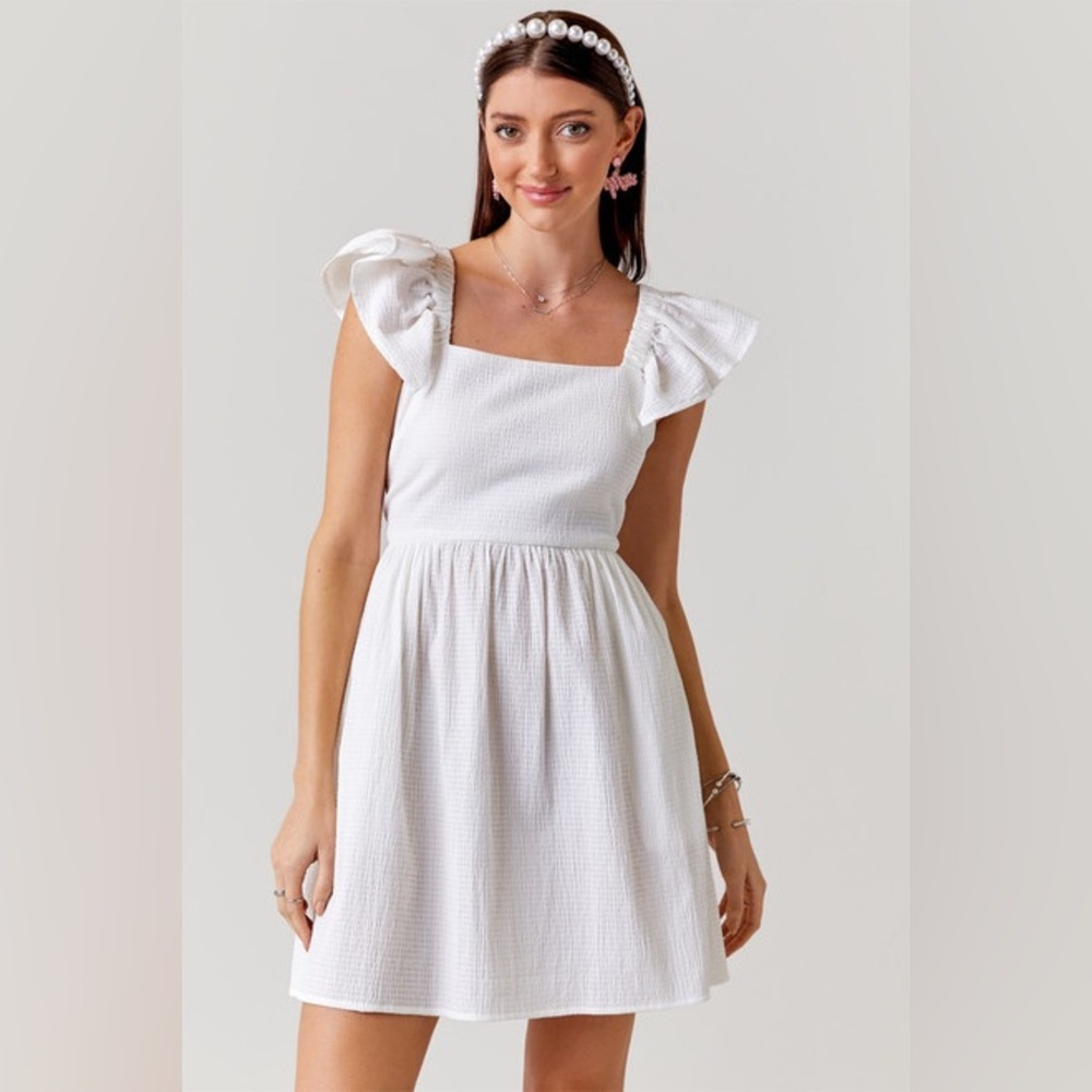 Francesca’s White Bella Bow Back Ruffle Sleeve Mini Dress